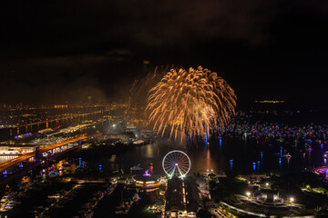 Miami Night Celebration with Fireworks Over Bayfront Park and Marina