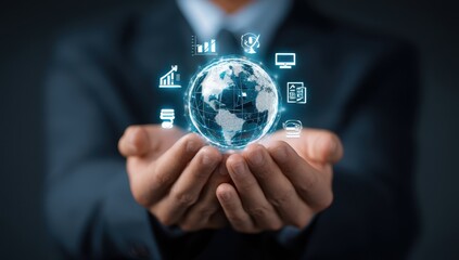 Businessman's hands hold a digital globe surrounded by global business icons