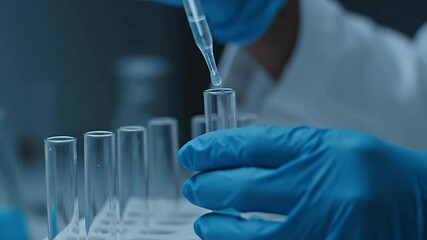 A close-up shot reveals a scientist meticulously pipetting a clear liquid into a test tube during a laboratory experiment. - Powered by Adobe