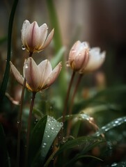 Fototapeta premium Delicate tulips in rain close-up photography nature garden soft focus floral beauty