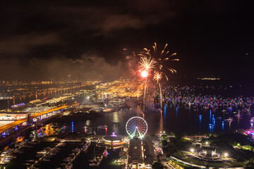 Miami Night Celebration with Fireworks Over Bayfront Park and Marina