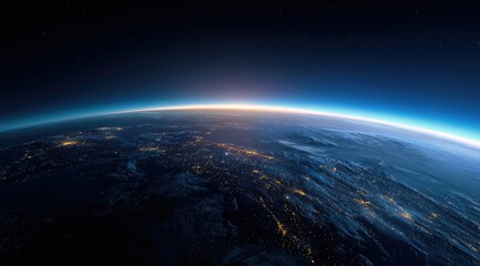 Obraz premium A panoramic view of Earth from space, showcasing the curvature of the planet with city lights illuminating the night side and a sunrise on the horizon