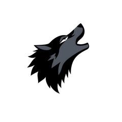 A graphic wolf head with a distinct howl, depicted in minimalist style against a stark black background, conveying strength and wilderness.