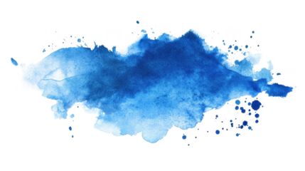 Vivid blue watercolor splash with organic texture and splatter details on a transparent background.