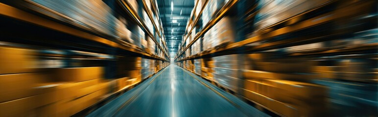 Motion-blurred perspective down a long warehouse aisle, filled with shelves stocked with boxes. The fast-paced image suggests efficiency and the constant movement of goods