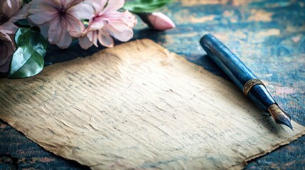 A vintage pen and paper on a rustic wooden table with a floral arrangement.