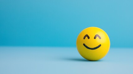 A yellow smiley face on a blue background. The concept of positivity and happiness is emphasized.
