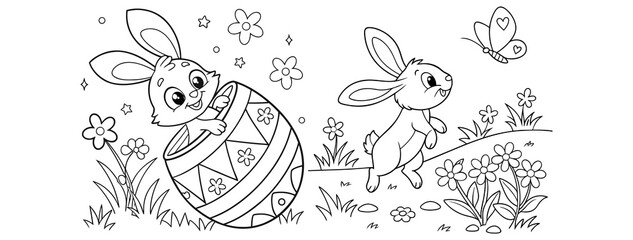 bunny painting easter egg and some flowers, coloring page ready to print on standard 8.5x11 inch paper. eps file.