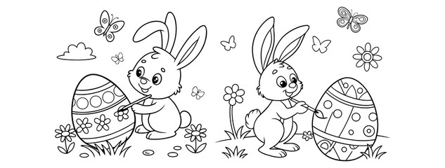 bunny painting easter egg and some flowers, coloring page ready to print on standard 8.5x11 inch paper. eps file.