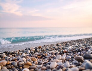 Peaceful Pebble Beach at Sunset: Ocean Waves and Serene Sky