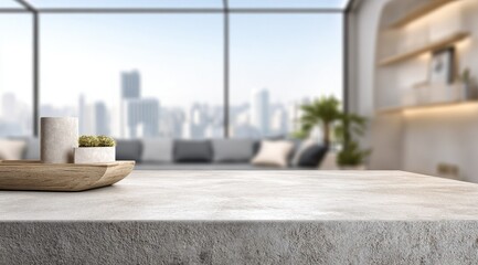A light-grey stone countertop in a modern, bright apartment overlooks a blurred cityscape through expansive windows. A wooden tray with small plants sits on the counter