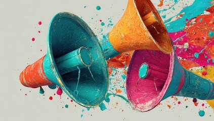 Two vibrant, paint-splattered megaphones, angled dynamically against a muted background, create a sense of energetic communication or announcement