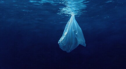 An underwater shot depicts a single, translucent plastic bag suspended in deep blue ocean water, highlighting the issue of marine pollution