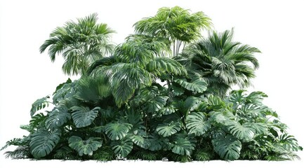 Lush tropical foliage cluster, diverse palms and large-leaf plants on white background