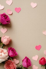 A neutral backdrop features a border of pink and magenta roses and small paper hearts.  The hearts are scattered around the roses, leaving a central empty space