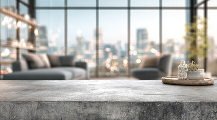 A blurred city view is seen through large windows behind a grey concrete countertop,