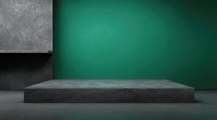 A dark grey concrete platform sits before a teal wall, with a matching grey concrete element to the left, creating a minimalist, modern display setting