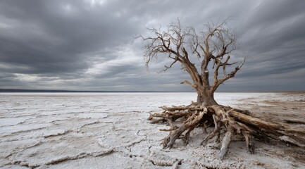 A stark, desolate landscape featuring a gnarled, leafless tree with exposed roots in a salt flat under a brooding, gray sky
