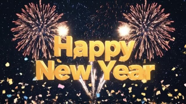 Stunning Happy New Year Animation with Golden 3D Text, Colorful Fireworks Explosion, Confetti Burst and Night Sky for Holiday Celebration and Festive Video Content. - Powered by Adobe