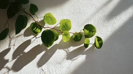 Sunlight casts shadows of a vine with heart-shaped leaves climbing a light-textured wall