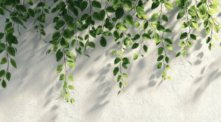 Lush green vines cascade down a light-textured wall, casting delicate shadows in sunlight