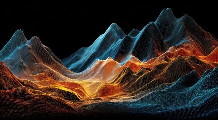Abstract landscape of vibrant, multicolored, glowing, particle mountains against a black background.  The peaks and valleys create a dynamic, three-dimensional effect