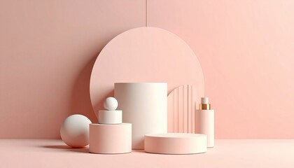 Pastel Pink Minimalist Product Display with Geometric Shapes and Cosmetic Bottle