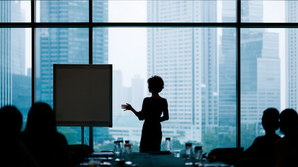 Confident executive presenting with illuminated urban skyline backdrop.