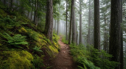 A misty forest path winds through tall trees, lush moss covers the ground and ferns line the trail