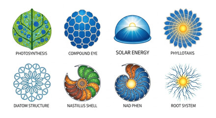 Obraz premium Nature's Inspiration A Collection of Abstract Solar Energy Logos Representing Photosynthesis, Compounds, and Structures for Renewable Energy Designs
