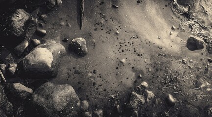 High-angle, monochrome close-up of a shallow, murky water body with scattered stones and pebbles on the bottom. The water appears slightly disturbed, with subtle ripples and dark sediment