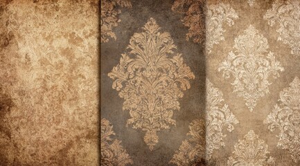 Triptych of aged paper textures featuring ornate damask patterns in beige and brown tones, exhibiting a vintage aesthetic