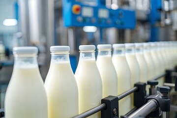 Dairy beverage bottles on automated production line milk white