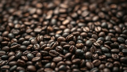 Close-up of dark roasted coffee beans scattered on ground coffee, blurred background, grain, texture background