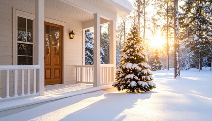 Snowy home with Christmas tree