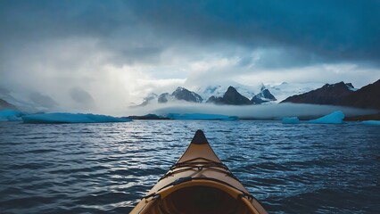 Kayaking through glacial waters with icebergs and snow-capped mountains under a cloudy sky, creating a serene and adventurous scene.