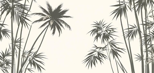 Obraz premium Delicate pastel monochrome palm & bamboo jungle wallpaper pattern, shadow, modern