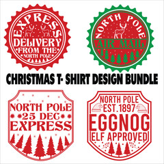 Christmas t- Shirt Design Bundle vector, delivery, grunge, mail, merry, north, print, signs, December, red, White background