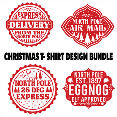 Christmas t- Shirt Design Bundle vector, delivery, grunge, mail, merry, north, print, signs, December, red, White background