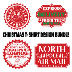 Christmas t- Shirt Design Bundle vector, delivery, grunge, mail, merry, north, print, signs, December, red, White background