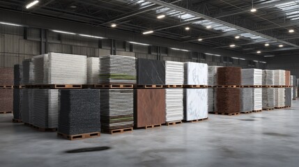 Interior of Marble Slab Warehouse – Stacked Marble Panels on Pallets with Industrial Lighting and Concrete Floor