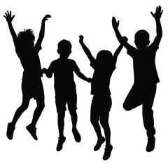 Fototapeta premium Silhouette of Four Children Jumping and Holding Hands with Joyful Expressions on White
