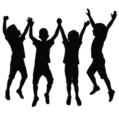 Fototapeta premium Silhouette of Four Children Jumping, Celebrating Together with Hands Up in Air