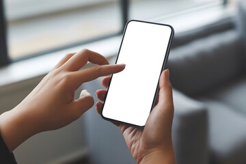 Close-up of hands using a smartphone with blank screen.