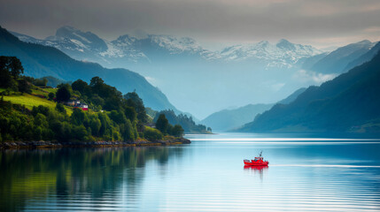 Emerald waters reflecting dramatic snow-capped mountains beneath misty skies.
