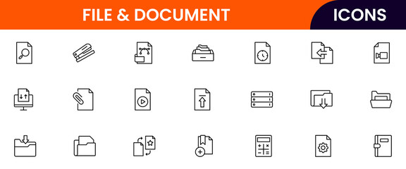 Vector line icons of files, folders, documents, PDFs, uploads, downloads, editing, sharing, archiving, and storage perfect for digital platforms, apps, and websites.