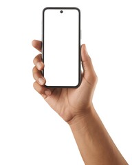 Smartphone held in hand, blank screen, ready for display mockup.