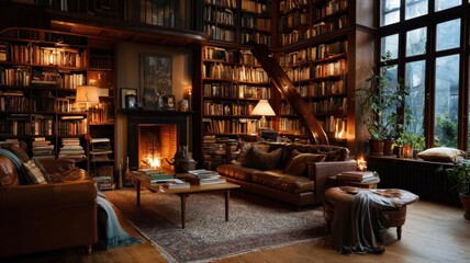 Cozy interior of a vintage library with warm lighting, bookshelves filled with old books
