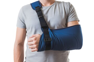 Man with a Blue Arm Sling, Isolated on White Background