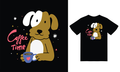 Cute dog holding coffee cup illustration with tshirt design premium vector